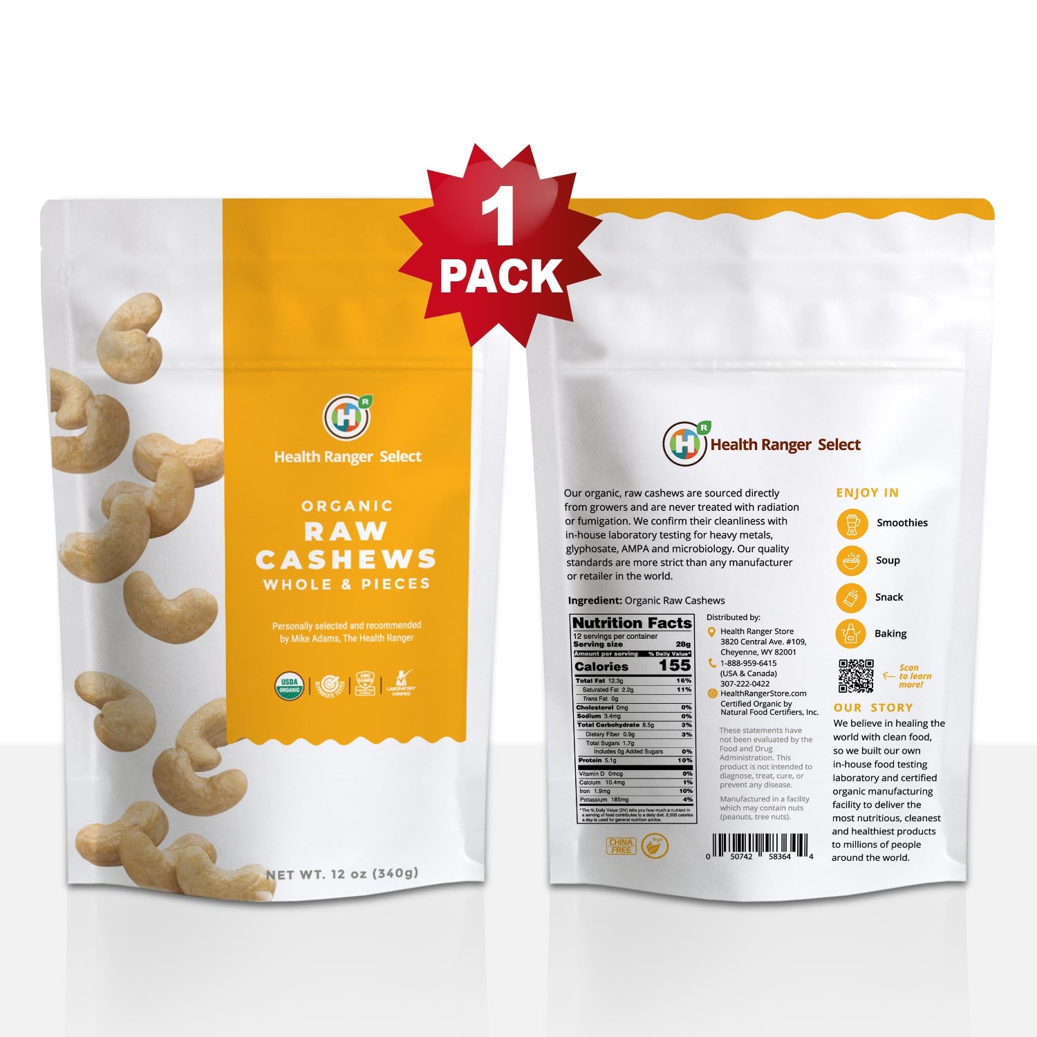 Organic Raw Cashews (Whole &amp; Pieces) 12oz (340g) + Organic Almonds 12oz (340g) Combo Pack