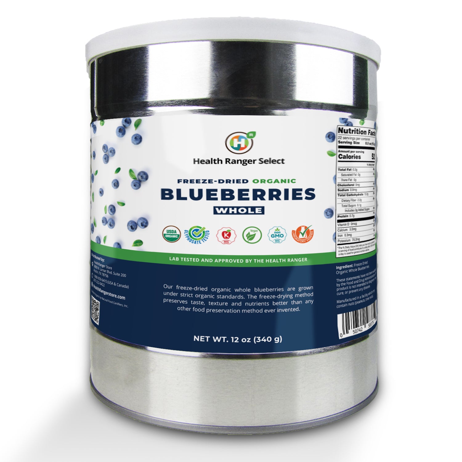 Freeze-Dried Organic Whole Blueberries (12oz, 