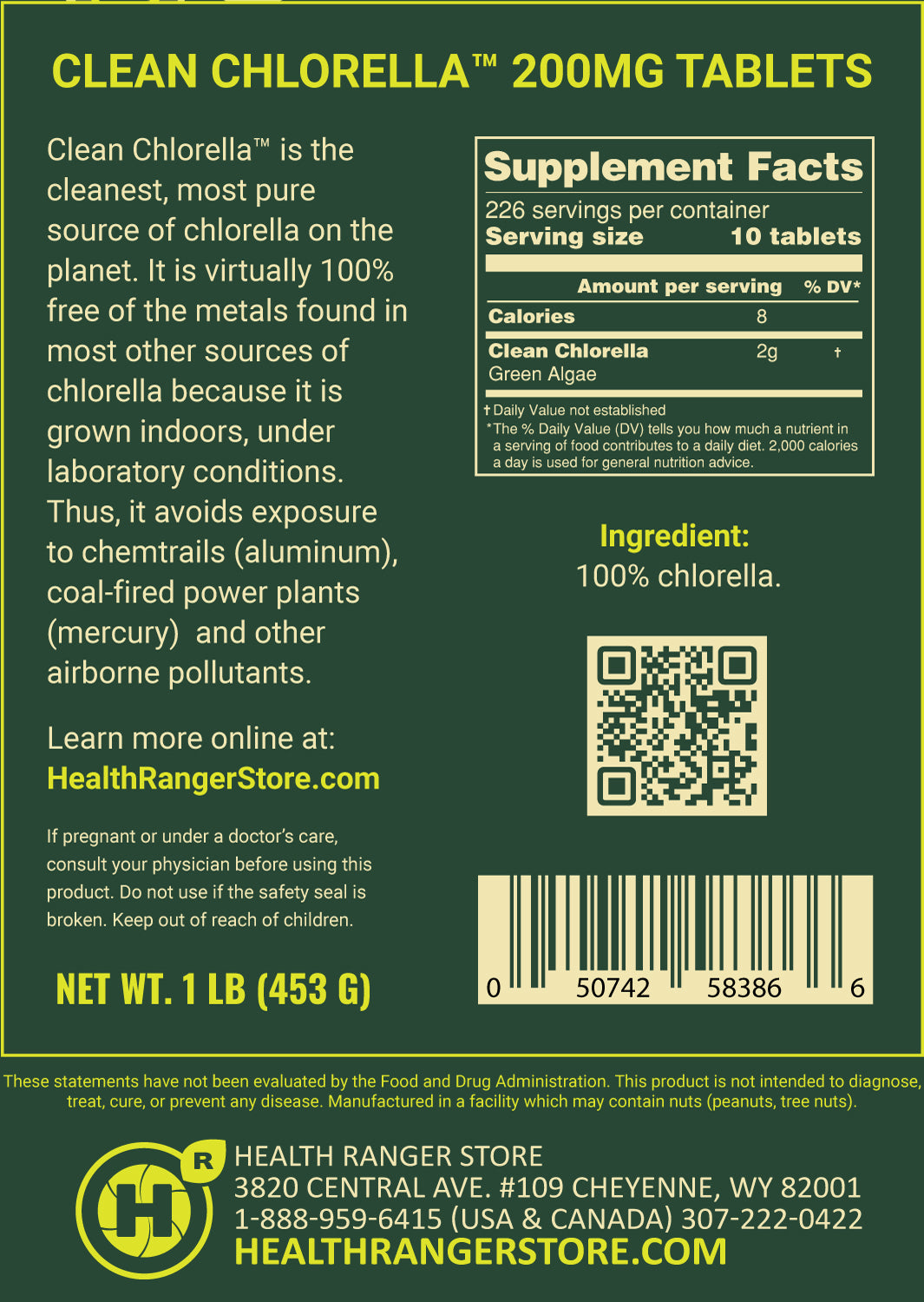 Clean Chlorella 200mg Tablets (1LB, 453g), 2265 tablets Health Ranger