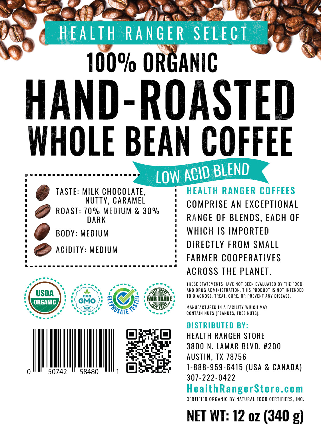 100% Organic Hand-Roasted Whole Bean Coffee (Low Acid Blend) 12oz, 340g (6-Pack)