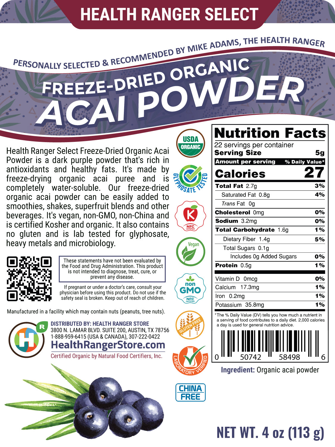 Organic Freeze-Dried Acai Powder 4 oz (113g)