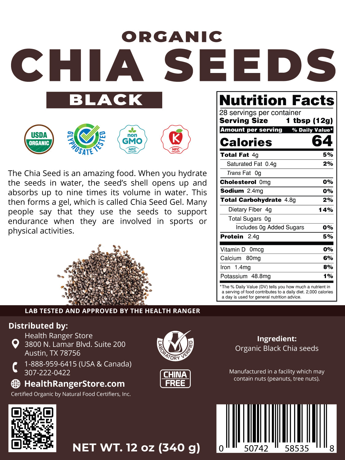 Organic Black Chia Seeds 12oz (340 g) (3-Pack)