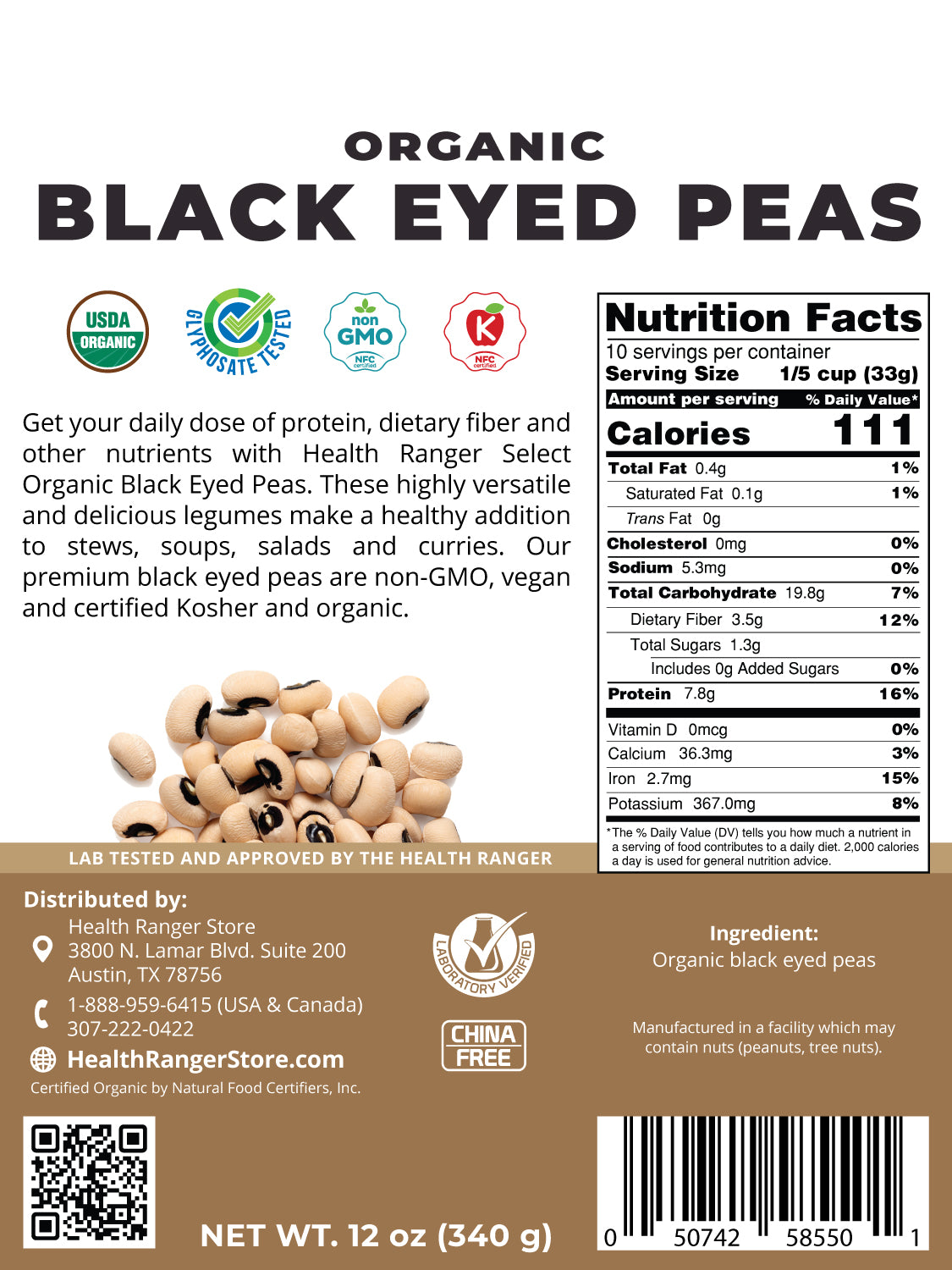 Organic Black Eyed Peas 12 oz (340 g)