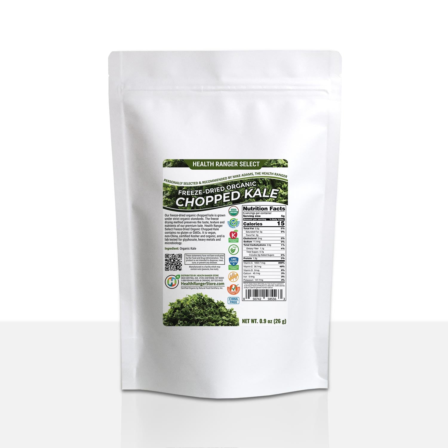 Freeze-Dried Organic Chopped Kale 0.9 oz (26g) (3-Pack)