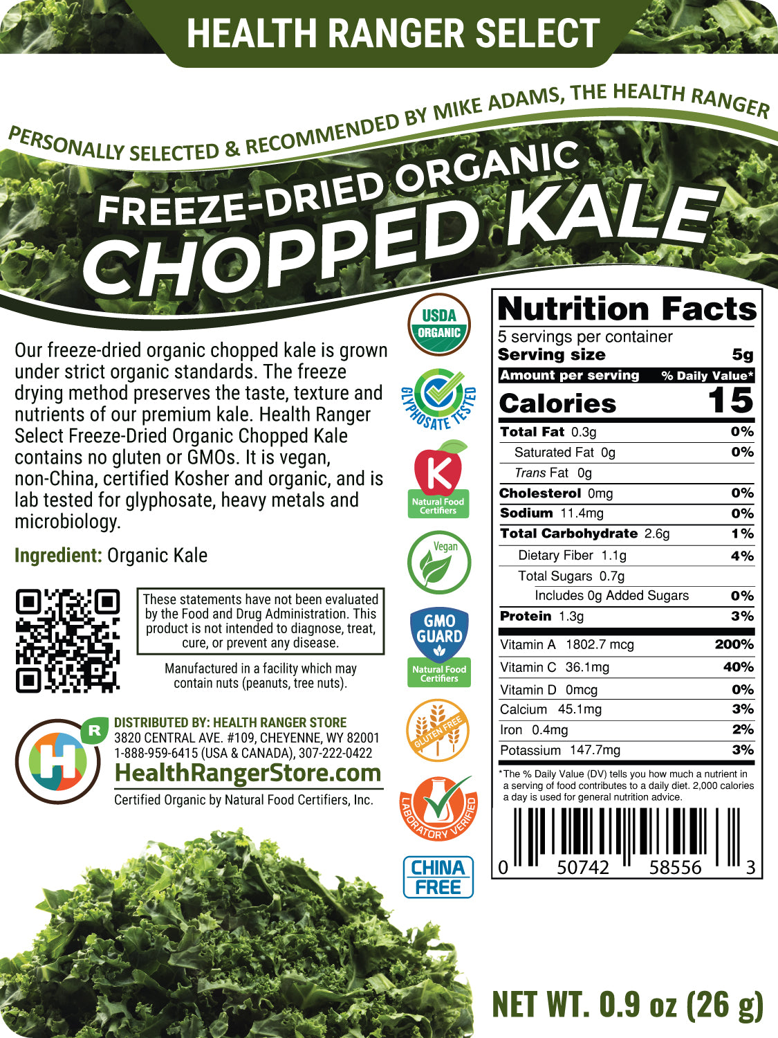Freeze-Dried Organic Chopped Kale 0.9 oz (26g)