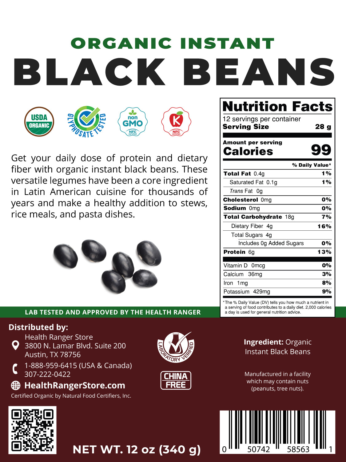 Organic Instant Black Beans 12 oz (340g)
