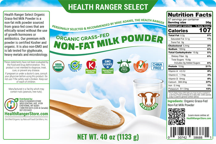 Organic Grass-Fed Non-Fat Milk Powder 40 oz (1133 g, #10 Can)  (2-Packs)