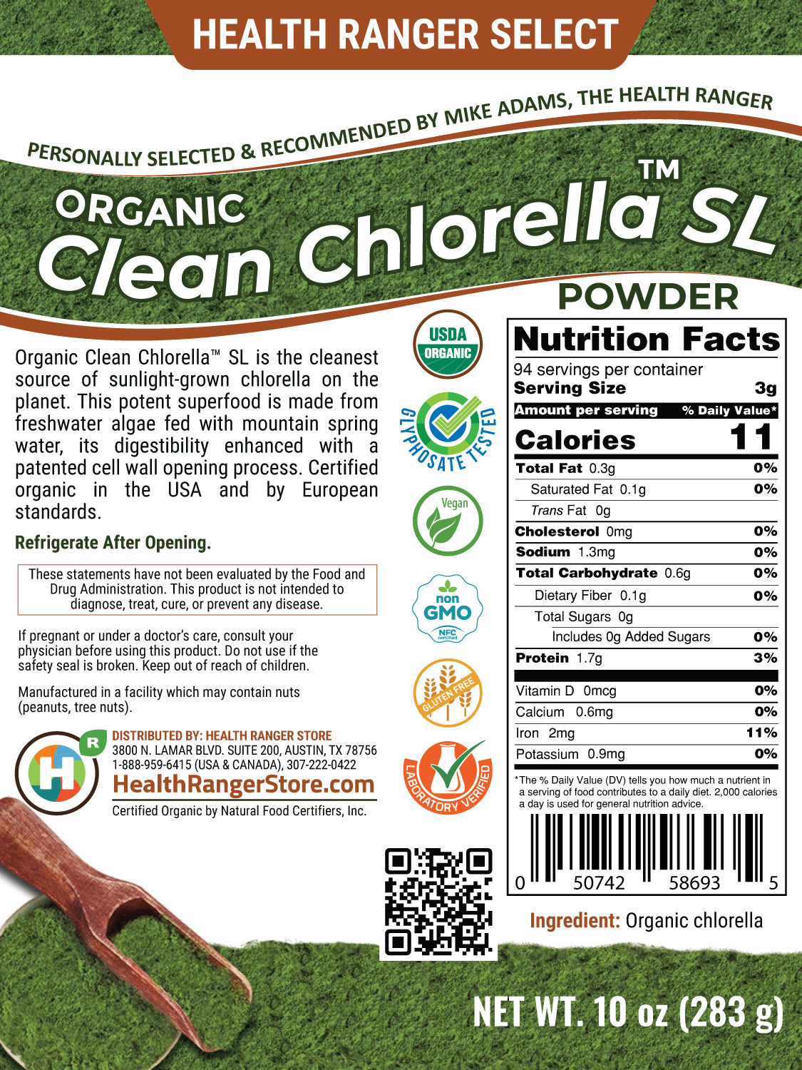 Organic Clean Chlorella SL Powder 10 oz (283g) (3-Pack)