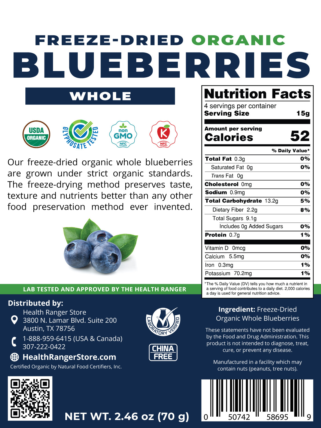Freeze-Dried Organic Whole Blueberries 2.46 oz (70g) (3-Pack)