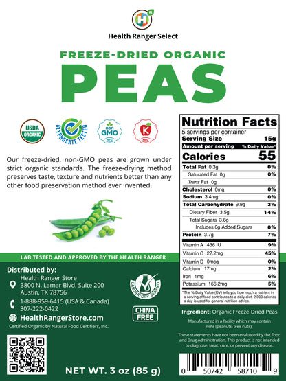 Freeze-Dried Organic Peas 3 oz (85g)