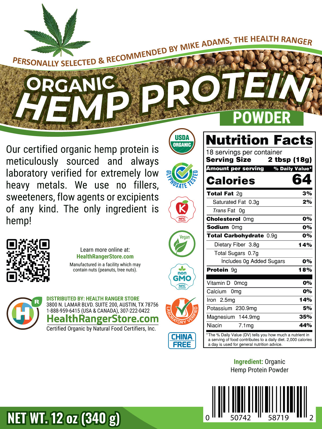 Organic Hemp Protein Powder 12 oz (340 g)