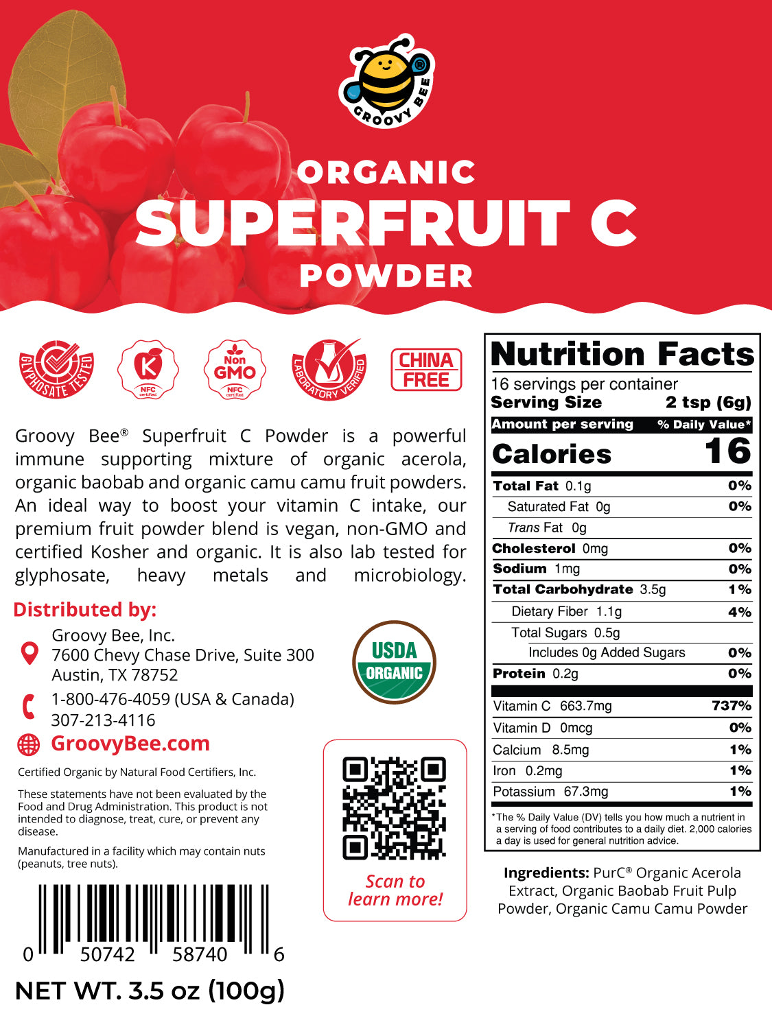 Organic Superfruit C Powder 3.5 oz (100g) (6-Pack)