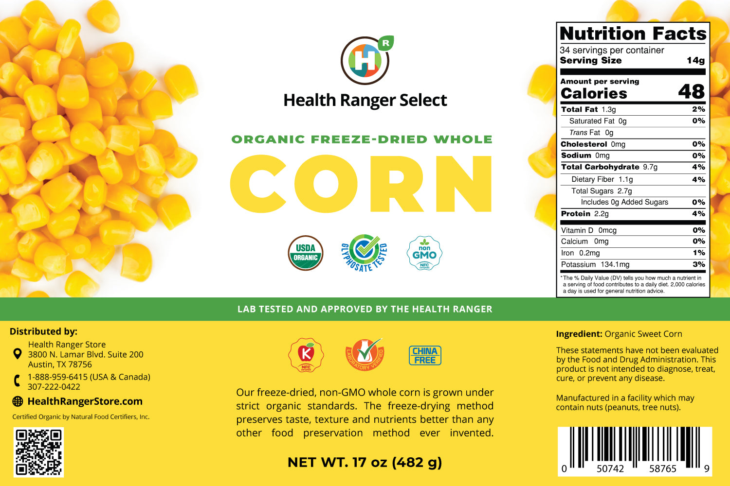 Freeze-Dried Organic Whole Corn (17oz, 