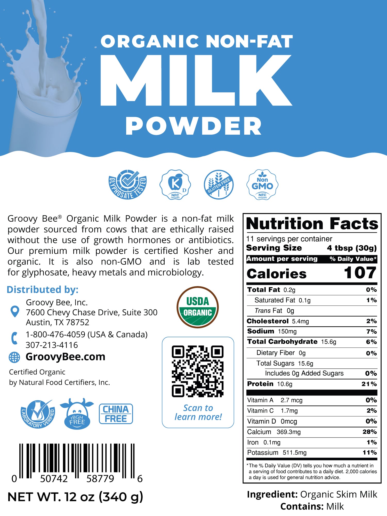 Organic Non-Fat Milk Powder 12 oz (340 g)