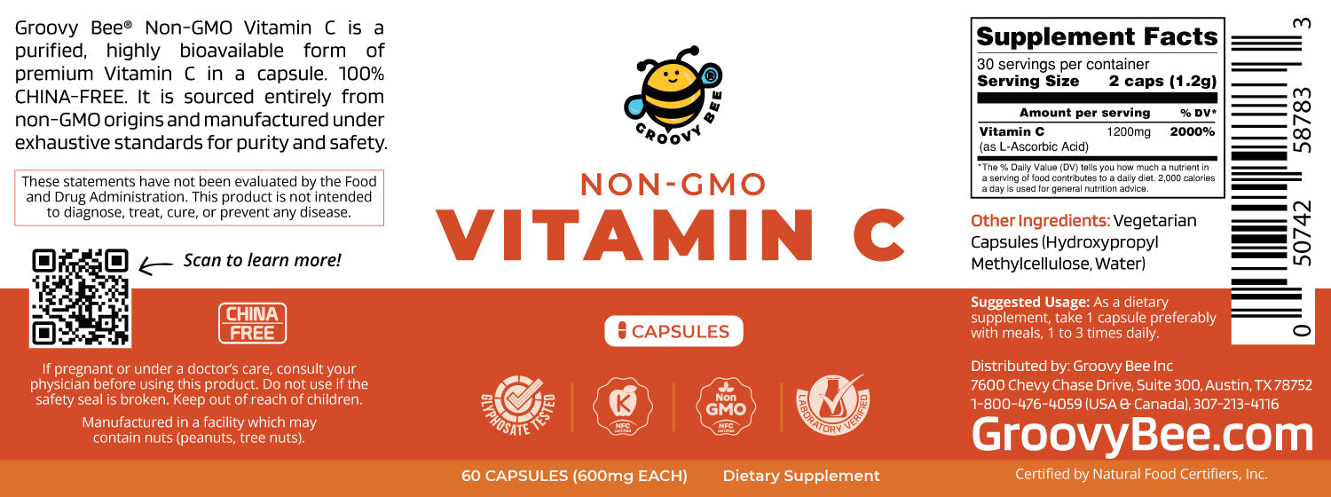 Non-GMO Vitamin C 60 caps (600mg each) (6-Pack)