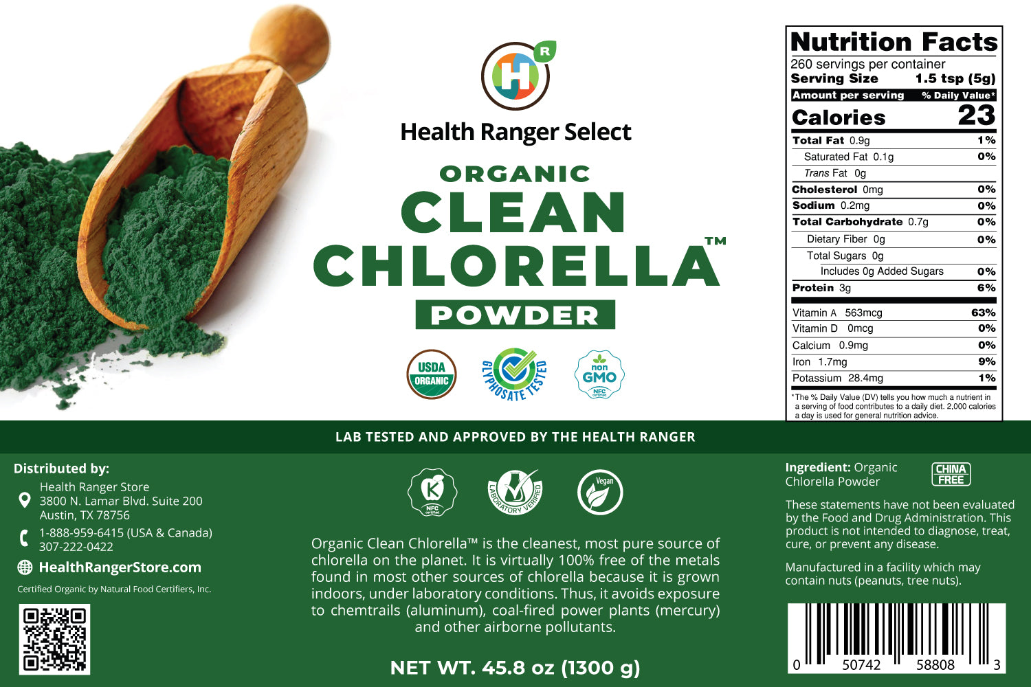 Organic Clean Chlorella Powder 45.8 oz (1300 g) (