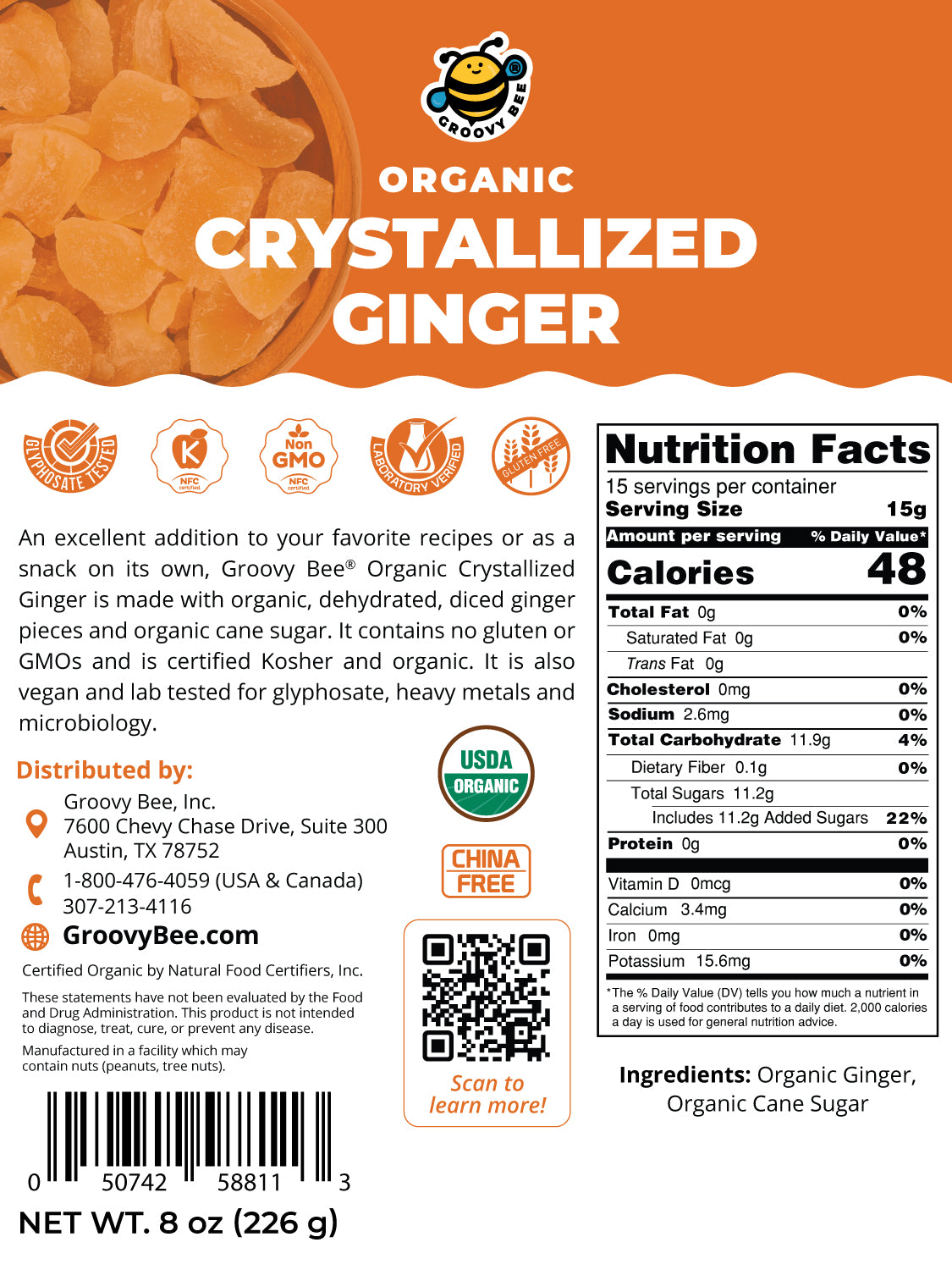 Organic Crystallized Ginger 8 oz (226 g) (3-Pack)