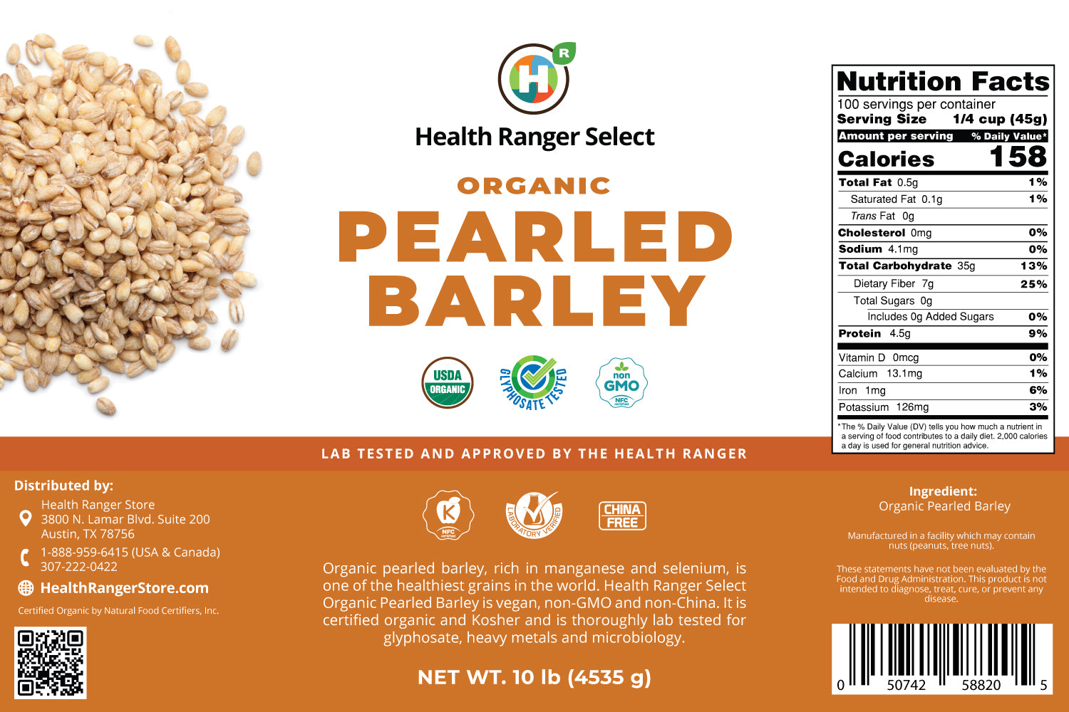 Mega Bucket Organic Pearled Barley (10LB, 4535g)