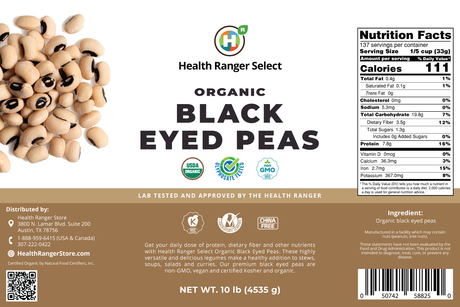 Mega Bucket Organic Black-Eyed Peas (10LB, 4535g)