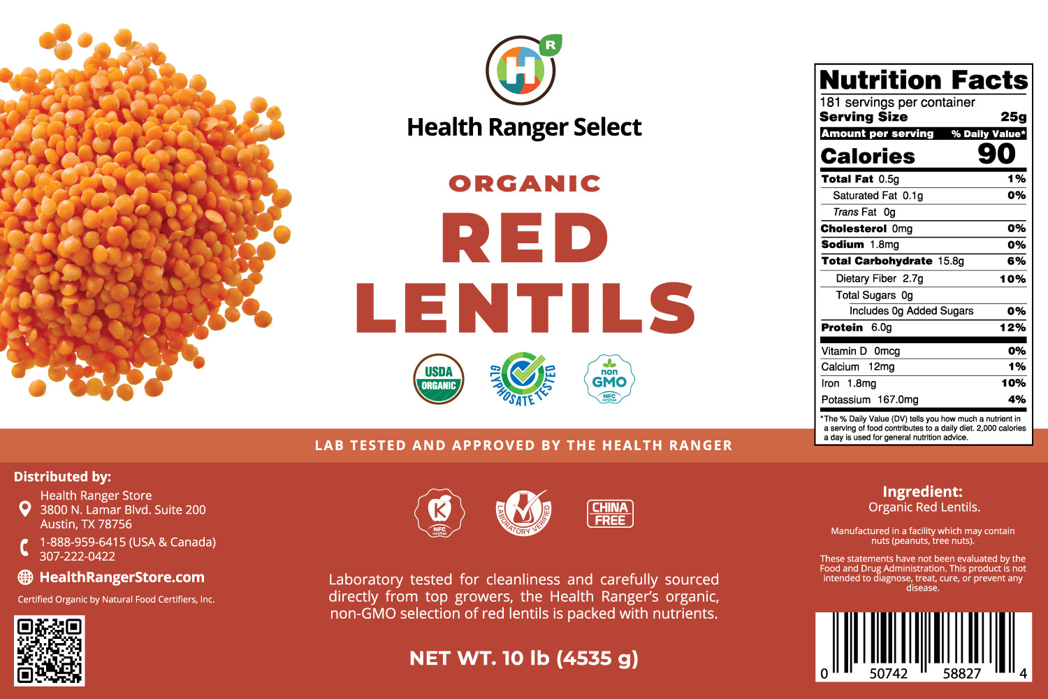 Mega Bucket Organic Red Lentils (10LB, 4535g)