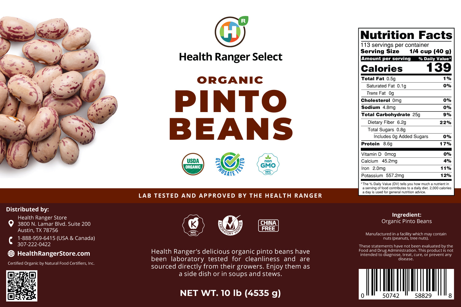 Mega Bucket Organic Pinto Beans (10LB, 4535g)