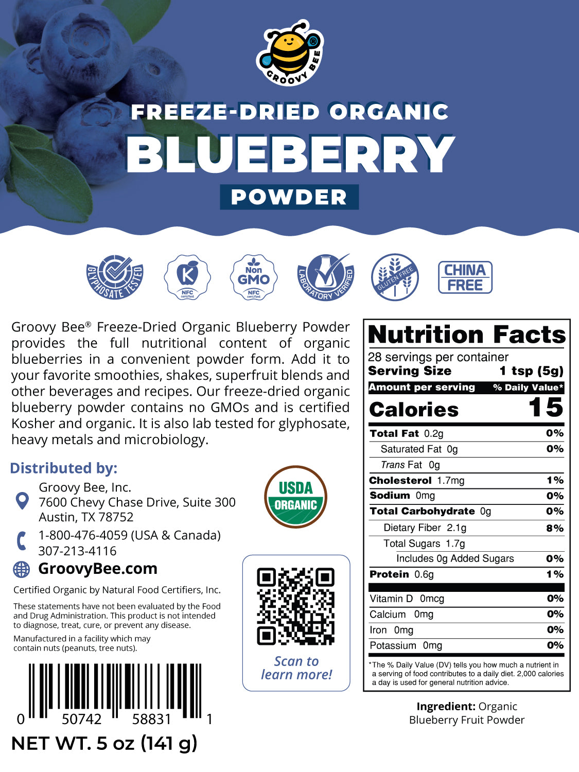 Freeze-Dried Organic Blueberry Powder 5oz (141g)