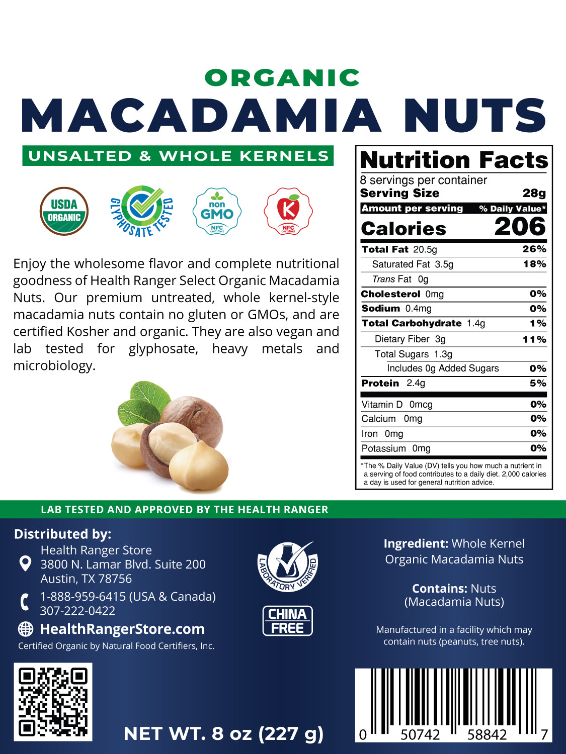 Organic Macadamia Nuts (Unsalted &amp; Whole Kernels) 8oz (227g)