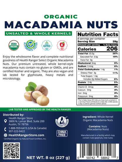 Organic Macadamia Nuts (Unsalted &amp; Whole Kernels) 8oz (227g)