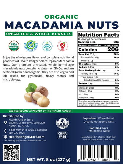 Organic Macadamia Nuts (Unsalted &amp; Whole Kernels) 8oz (227g) (3-Pack)