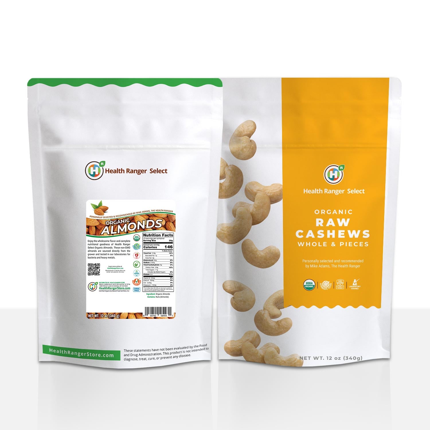 Organic Raw Cashews (Whole &amp; Pieces) 12oz (340g) + Organic Almonds 12oz (340g) Combo Pack